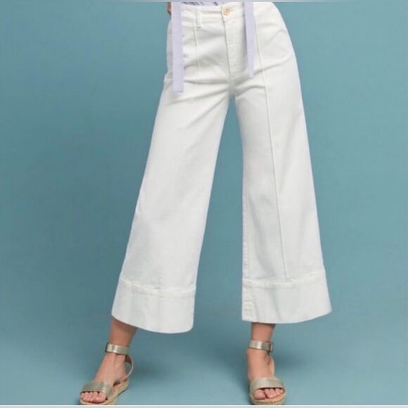 Anthropologie Chino Wide Leg Crop Pants Sz 6 High‎ Rise White Cream - Picture 1 of 9